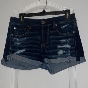 American Eagle denim distressed shorts size 6 women, dark wash super stretch